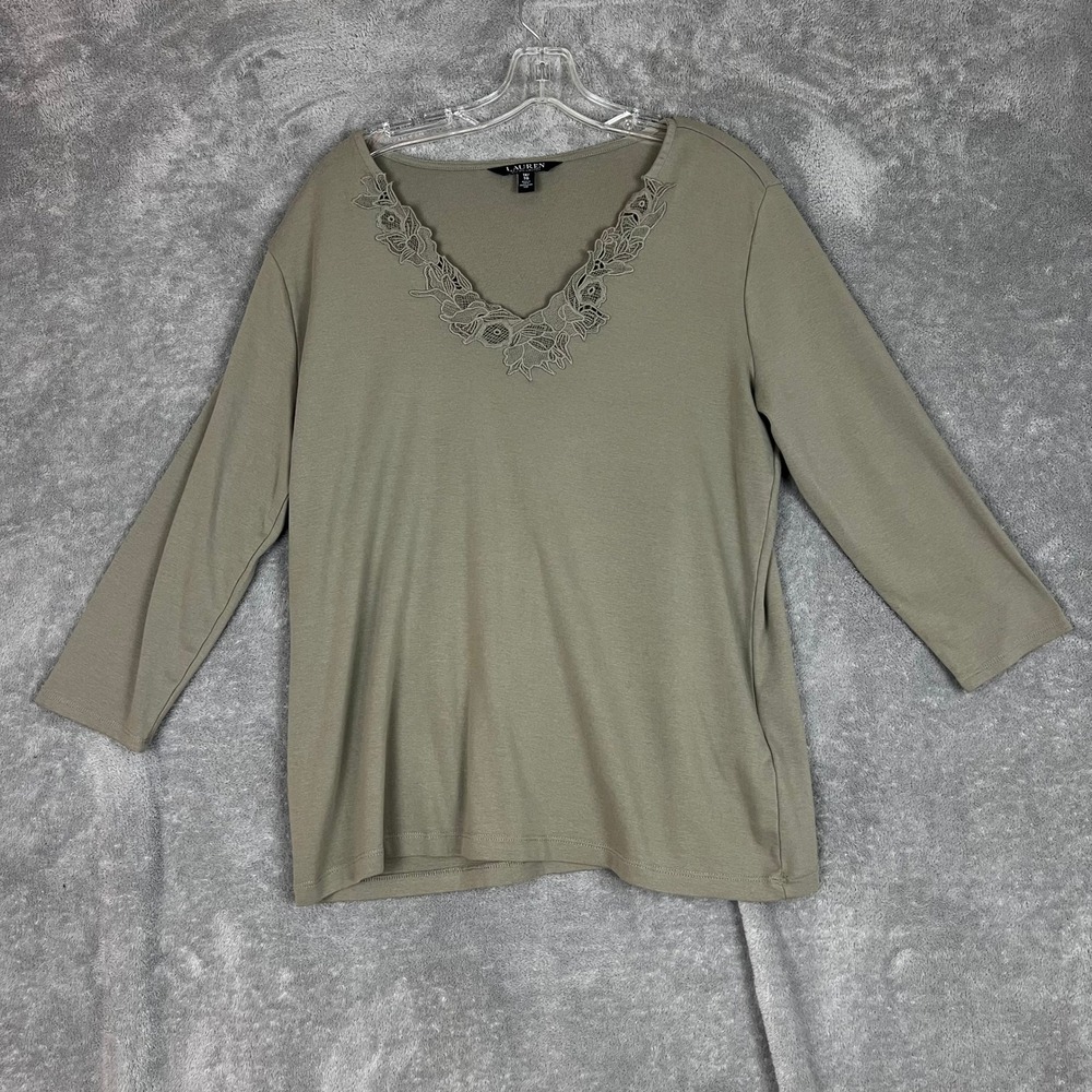 Ralph Lauren Black Label Lace Trim Stretch Cotton Top Womens 1X Moss Green